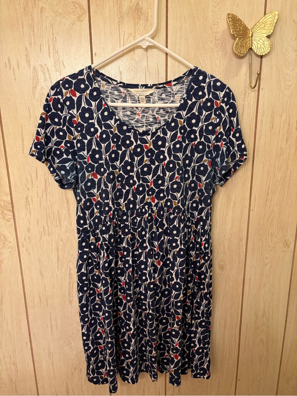 Maternity Navy Floral Short-Sleeve Tunic Top with Red Accents- organic cotton